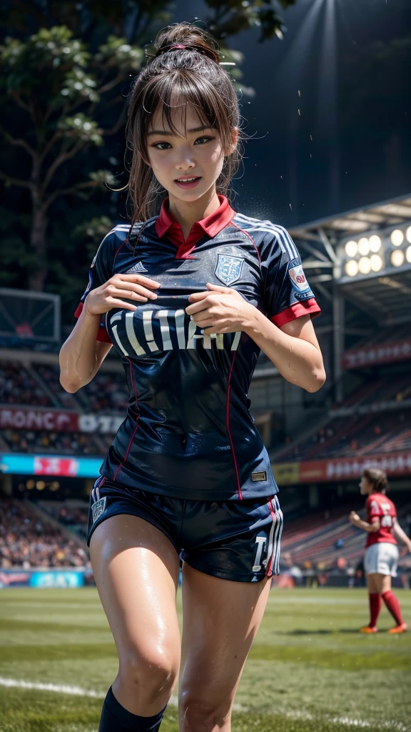 Highest quality, High resolution:1.2, Very detailed, Realistic:1.3, ((Beautiful woman))、((Super tight uniform))、((Big Breasts))、(The chest is visible)、(((Soccer uniforms)))、Vibrant colors, play soccer,(Blunt bangs)、((Various Hair Styles))、Different hair colors、With bangs、Wet Hair, concentrate, splash, Action Shots, Grass blotches, Muddy ground, Wet turf, decide, Fast-paced games, Athletic physique, Shiny soccer ball, Wet Uniform, raindrop, Blurred motion, ボールにconcentrateする, Intense competition, Skillful dribbling, Energetic play, Teamwork, powerful shoots, Wet pitch, Passionate sports, Fierce decide, Humid atmosphere, Fluid movement, emotional expression、Dramatic lighting, Women's Sports, Avid athletes, Exciting Games, Endure, Excited state, Speed and agility, Energetic play, 濡れたsplash、smile、((Red Uniform))