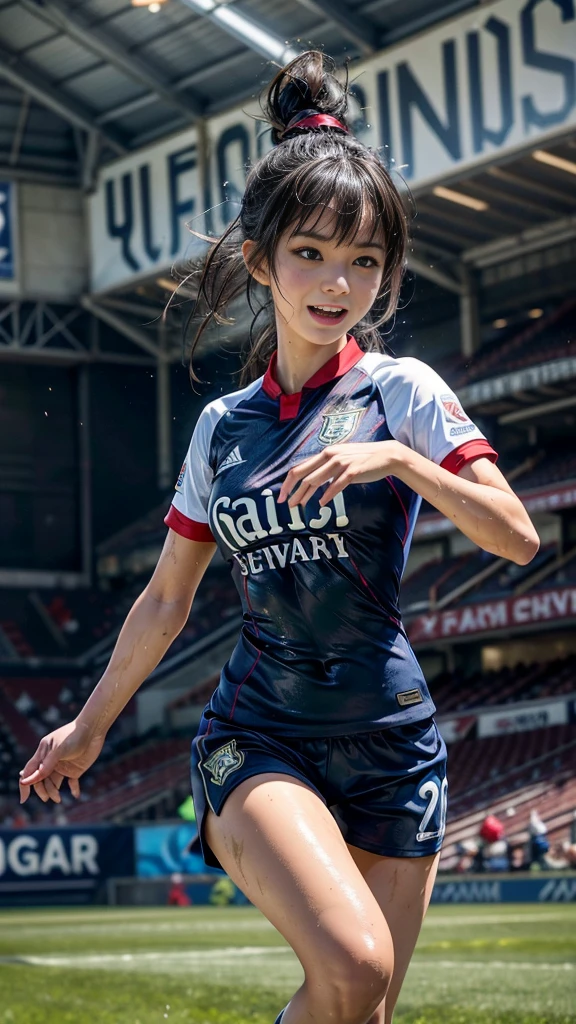 Highest quality, High resolution:1.2, Very detailed, Realistic:1.3, ((Beautiful woman))、((Super tight uniform))、((Big Breasts))、(The chest is visible)、(((Soccer uniforms)))、Vibrant colors, play soccer,(Blunt bangs)、((Various Hair Styles))、Different hair colors、With bangs、Wet Hair, concentrate, splash, Action Shots, Grass blotches, Muddy ground, Wet turf, decide, Fast-paced games, Athletic physique, Shiny soccer ball, Wet Uniform, raindrop, Blurred motion, ボールにconcentrateする, Intense competition, Skillful dribbling, Energetic play, Teamwork, powerful shoots, Wet pitch, Passionate sports, Fierce decide, Humid atmosphere, Fluid movement, emotional expression、Dramatic lighting, Women's Sports, Avid athletes, Exciting Games, Endure, Excited state, Speed and agility, Energetic play, 濡れたsplash、smile、((Red Uniform))