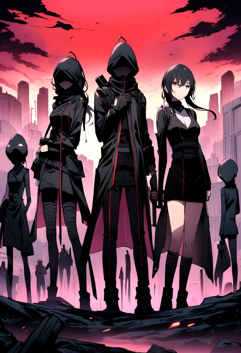 A group of people dressed in black with their faces covered and holding weapons standing in an apocalyptic scene 