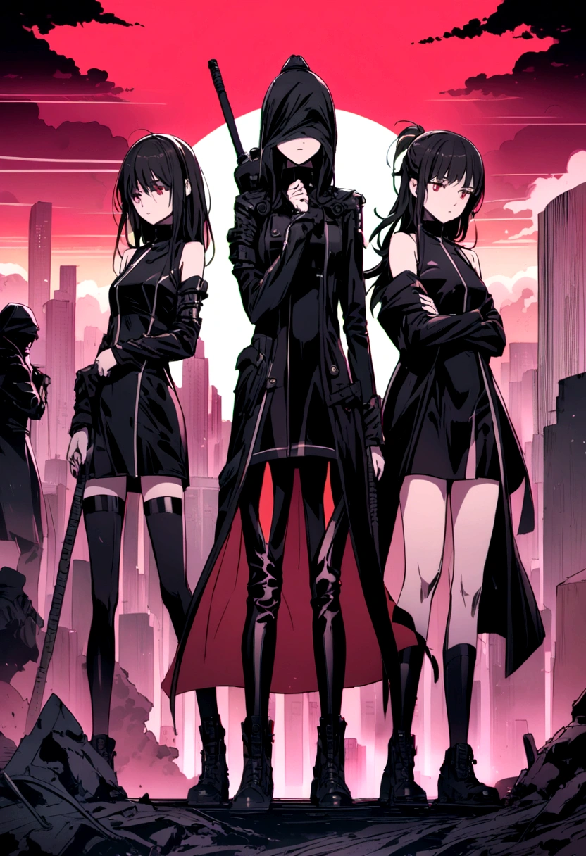 A group of people dressed in black with their faces covered and holding weapons standing in an apocalyptic scene