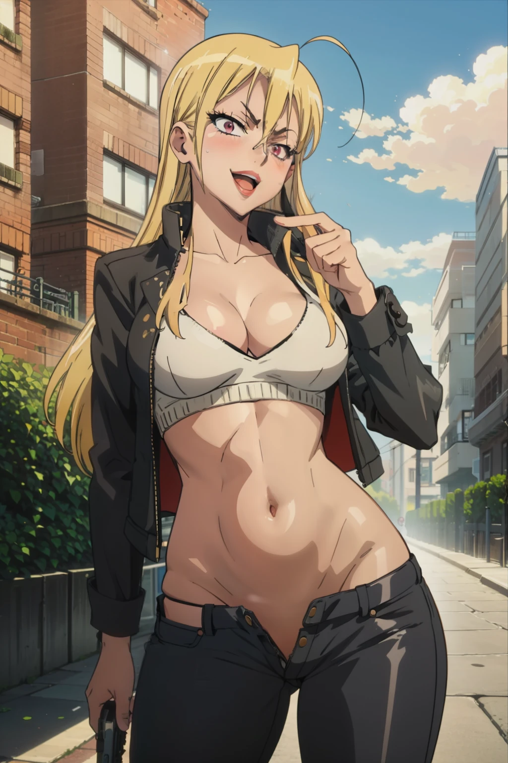 ftselenecas,mature female,pink eyes,mature female, blonde hair, long hair, blush, lipstick,,masterpiece, best quality, highly detailed, a girls with a gun, evil smile , open mouth, sexy gaze, badass
pose , evil smile, smile, sunny day, guns blazing, anime girl with long hair, beautiful long
haired girl, navel, evil expression, exposed belly, exposed navel, exposed midriff, exposed lower belly,
long black pants, crop top, cleavage, unbuttoned leather pants ,open fly, low rise black leather pants,
leather jacket, holding a gun, outdoor,street,road, navel piercing, cityscape, building