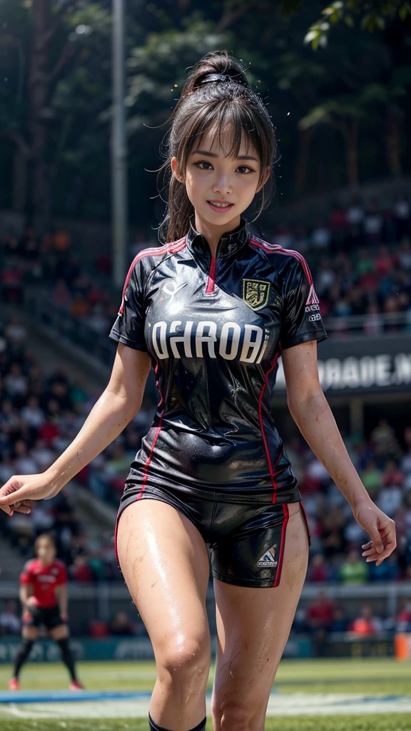 Highest quality, High resolution:1.2, Very detailed, Realistic:1.3, ((Beautiful woman))、((Super tight uniform))、((Super big breasts))、(The abdomen is visible)、Vibrant colors, play soccer,((Blunt bangs))、Various Hair Styles、Different hair colors、With bangs、Wet Hair, concentrate, splash, Action Shots, Grass blotches, Muddy ground, Wet turf, decide, Fast-paced games, Athletic physique, Shiny soccer ball, Wet Uniform, raindrop, Blurred motion, ボールにconcentrateする, Intense competition, Skillful dribbling, Energetic play, Teamwork, powerful shoots, Wet pitch, Passionate sports, Fierce decide, Humid atmosphere, Fluid movement, emotional expression、Dramatic lighting, Women's Sports, Avid athletes, Exciting Games, Endure, Excited state, Speed and agility, Energetic play, 濡れたsplash、smile、Red Uniform