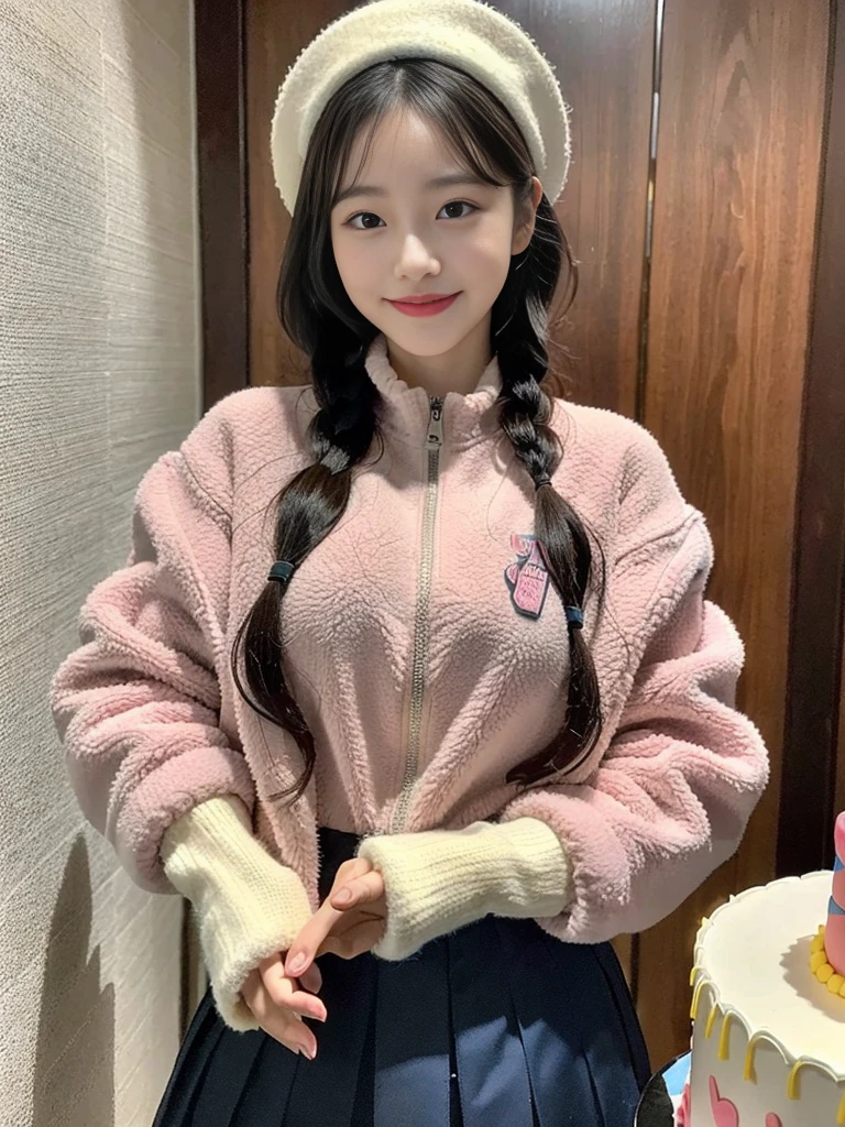 (A photo of a super cute Korean schoolgirl wearing a fleece jacket posing for the camera with a birthday cake:1.2)(grin,smile:1.1)(Beautiful Sweat:1.1)(16K, RAW Photos, Highest quality, masterpiece: 1.2),(A cute braid of shiny black hair) Super detailed, Super Resolution, (Genuine, Genuine photos: 1.37), Portraiture, High-resolution RAW color photos, Professional photos, Very detailed, 8k wallpaper, Very detailed CG Unity 8k wallpaper, Very detailed beautiful girls, Very detailed faces, ((whole body)), beautiful woman, Huge breasts,(huge boobs:1.1) (Big Boobs:1.1), beautiful  (Wearing a fleece jacket),high school girl, Korean Girls,(K-POP Female Idols), (Idol-class beauty)(Beautiful high school girl:1.1)(Birthday party)()(Tight fleece jacket:1.1)Wearing a fluffy scarf and hand-knitted gloves(A large birthday cake with 12 candles)Wearing warm gloves and a cute beret