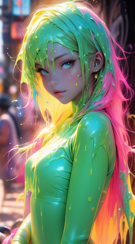 (Paint splashes)，colorful nipples，The color of the glow，lamplight，the girl，Look at the camera，Slime Gir，big round eyes, Cutes, sexy pose, nude body