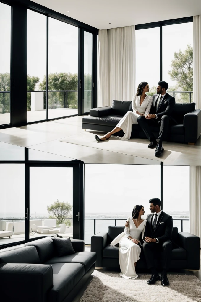 A luxurious living room with modern decoration, with large windows that let in soft and natural light.people: A couple sitting on a white leather sofa. The man is wearing a crisp black suit with a white shirt and a silk tie. The woman, with an elegant door, wears a long black dress with lace details. They both look at each other with an expression of trust and complicity..