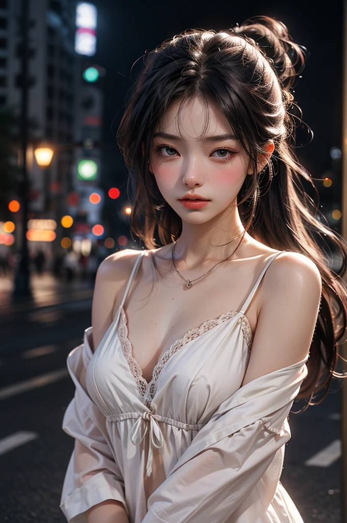 8yk、Raw photo、(masuter piece)、(top-quality)、Hi-Res、(girl with)、(realisitic、Photorealsitic:1.2), Upper body、Orange Camisole、Facing up、with blush cheeks、well-muscled、20yr old、Colossal 、Eyes closed、Deep sadness、Sorrow、look up sky、Open mouth、screeming、Night city、Background blur