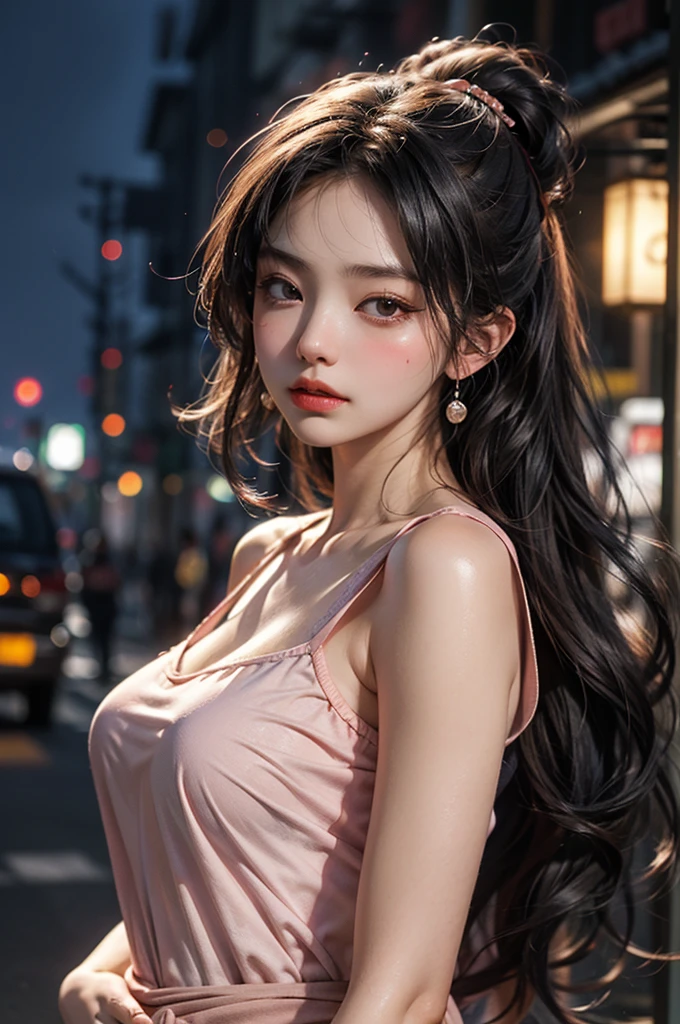 8yk、Raw photo、(masuter piece)、(top-quality)、Hi-Res、(girl with)、(realisitic、Photorealsitic:1.2), Upper body、Orange Camisole、Facing up、with blush cheeks、well-muscled、20yr old、Colossal 、Eyes closed、Deep sadness、Sorrow、look up sky、Open mouth、screeming、Night city、Background blur