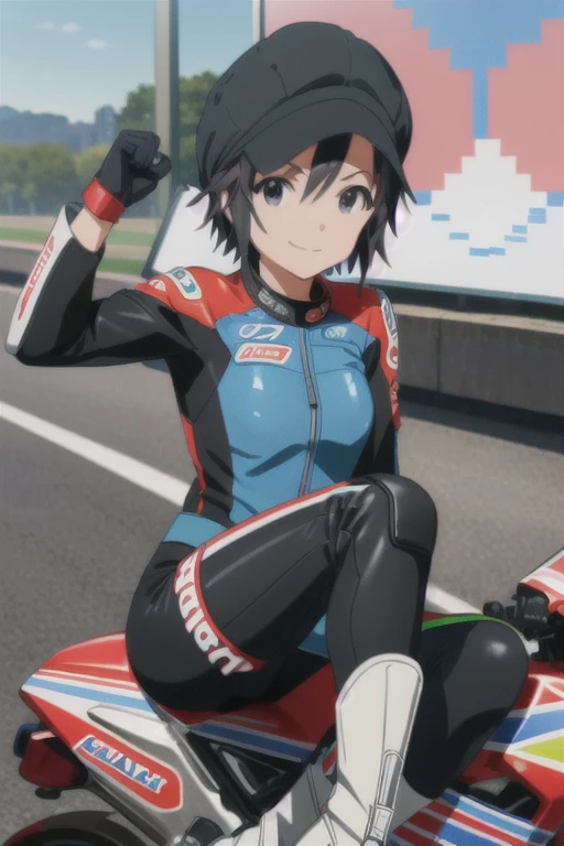 (((pixel-perfect, detail-perfect))), solo, 1girl, makoto kikuchi, motogp outfit, elbows, pads, boots, gloves, motogp helmet, racing bike, sitting on bike, looking at viewer, smile 