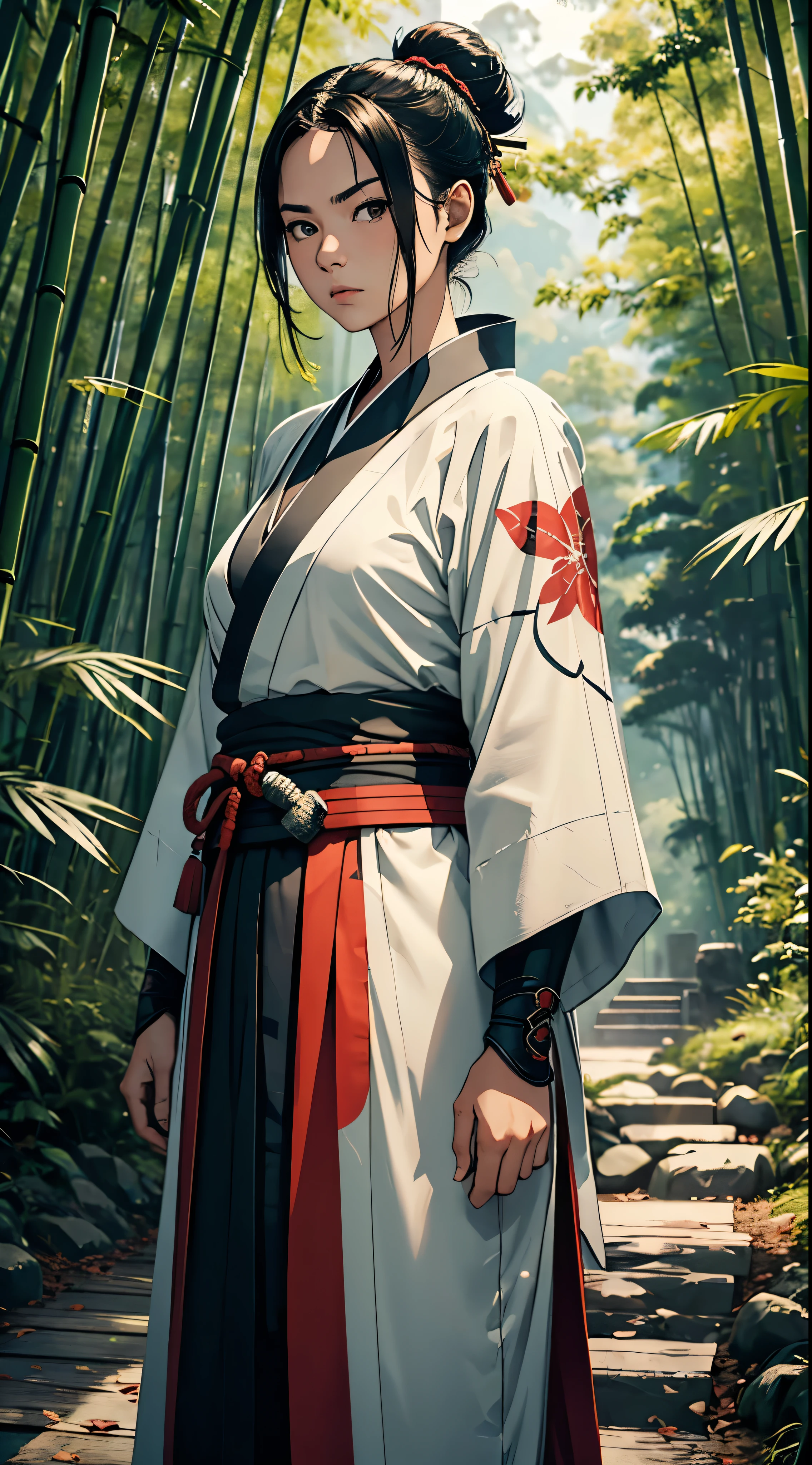 Raw photo of one female samurai, standing in a fighting stance, with a sword drawn from a scabbard in her hands, ready for battle, in full samurai attire (kimono) (wind in a bamboo forest), (the wind lifted the leaves up), a cut on her shoulder ( high skin detail: 1.2), 8k uhd, SLR camera, soft lighting, high quality, film grain, Fujifilm XT3