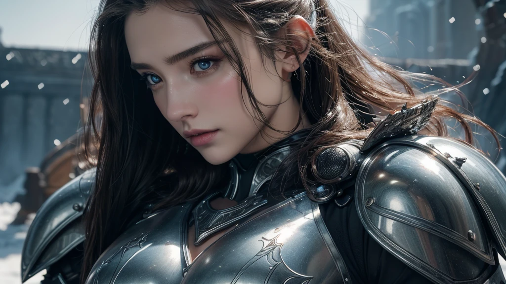 Close-up of woman holding sword and armor, Armor Girl, 2. 5D CGI anime fantasy artwork, Large Breasts,Epic fantasy digital art style, detailed Digital 2D fantasy art, Digital 2D fantasy art, original photo, (best quality:1.3), high resolution, (masterpiece), (lifelike:1.4), Professional photography, Clear focus, High Dynamic Range, 8k resolution, Intricate details, Fine details, Depth of Field, Extremely detailed CG unified 8k wallpaper, masterpiece,poster,best quality,Official Art,(Beauty and aesthetics:1.2),(masterpiece:1.3),Female Elf,individual,Light Leather Armor,complex pattern,snow,Cyberpunk style future city,Medium distance photography,(early morning),dramatic,Glowing Wings,