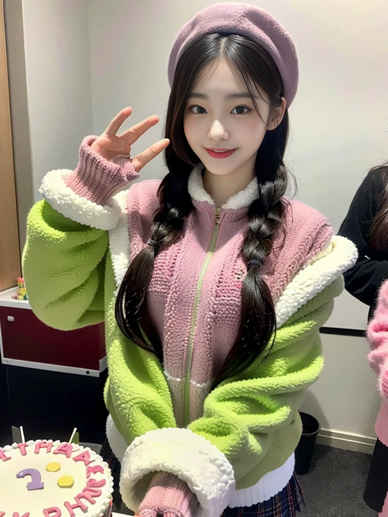 (A photo of a super cute Korean schoolgirl wearing a fleece jacket posing for the camera with a birthday cake:1.2)(grin,smile:1.1)(Beautiful Sweat:1.1)(16K, RAW Photos, Highest quality, masterpiece: 1.2),(A cute braid of shiny black hair) Super detailed, Super Resolution, (Genuine, Genuine photos: 1.37), Portraiture, High-resolution RAW color photos, Professional photos, Very detailed, 8k wallpaper, Very detailed CG Unity 8k wallpaper, Very detailed beautiful girls, Very detailed faces, ((whole body)), beautiful woman, Huge breasts,(huge boobs:1.1) (Big Boobs:1.1), beautiful  (Wearing a fleece jacket),high school girl, Korean Girls,(K-POP Female Idols), (Idol-class beauty)(Beautiful high school girl:1.1)(Birthday party)(17 years old)(Tight fleece jacket:1.1)Wearing a fluffy scarf and hand-knitted gloves(A large birthday cake with 12 candles)Wearing warm gloves and a cute beret