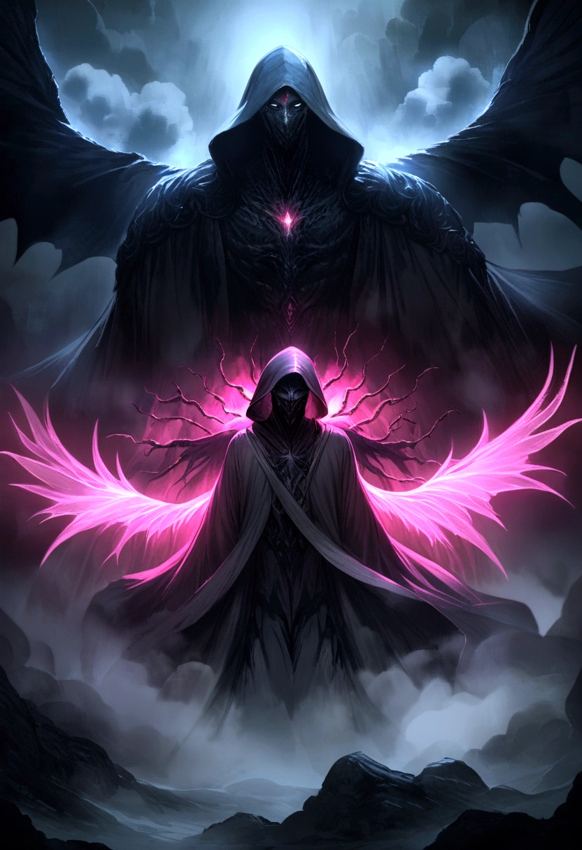 A high fantasy horror portrait,The painting shows a dark celestial being wearing a hood,There are glowing ghost wings behind,The wings are made entirely of glowing light.. He is surrounded by a dark cloud of necrosis, fog and mist. Mystic energy.