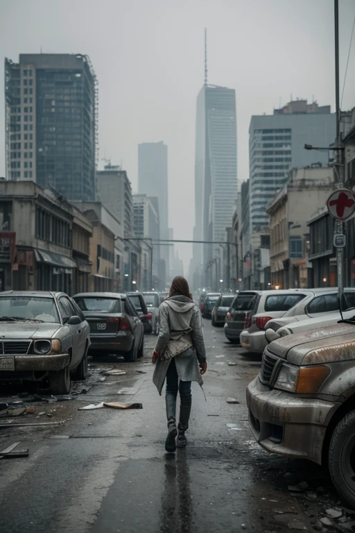 Cinematic post-apocalyptic city, crumbling concrete skyscrapers belching smoke, dilapidated and crowded buildings, together, image taken 200 meters high, a woman with torn clothes walking down one of the streets seen from above, grey sky, the city stretches across the horizon, desolate and sad environment, Kenopsia, rusty and destroyed cars on the streets, as detailed as possible, gray environment, gray atmosphere, Grey buildings, Grey overcast sky, robots