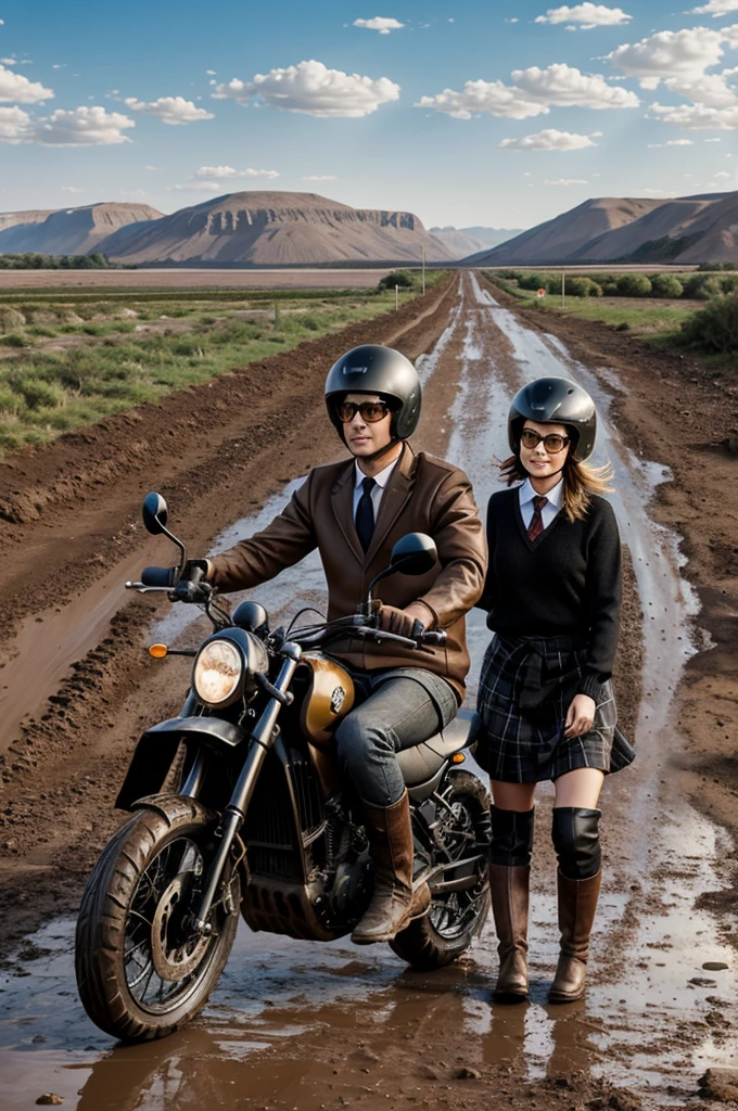 2D cartoons, man wearing tie and woman wearing glasses sweater skirt and black boots, traveling together on a motorcycle, with helmets, dirt road, muddy river in the background