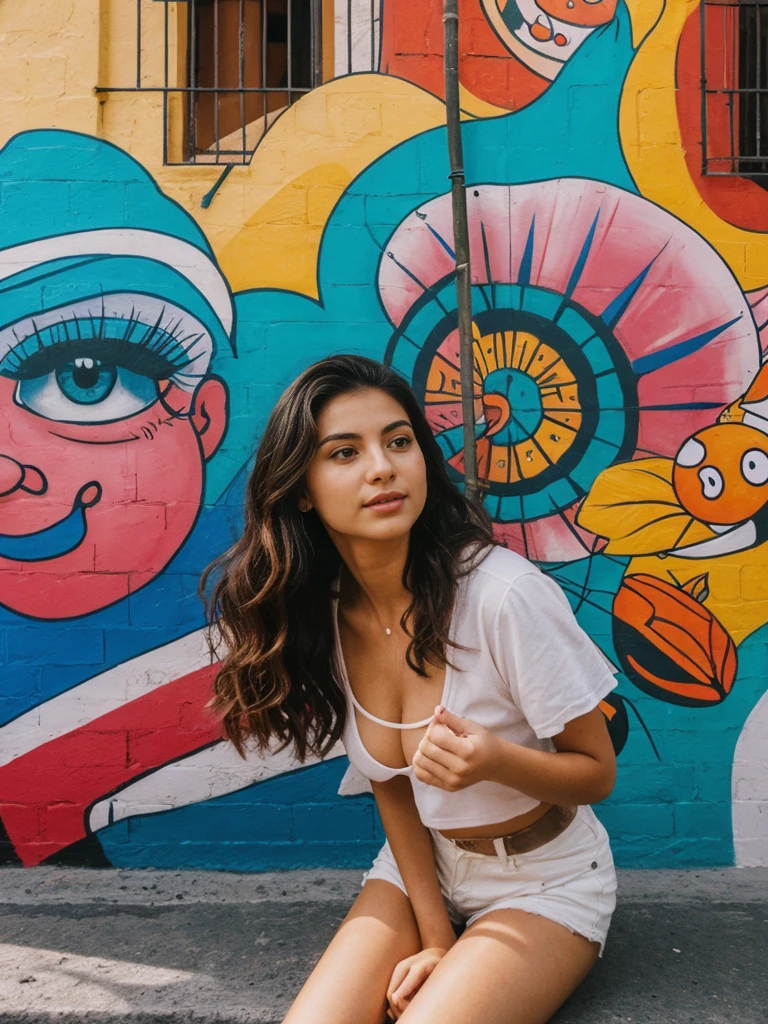 her name is Valentina, high quality, 1girl, ((20-year-old fit Latina woman)), ((20 years old)), ((Big tits)), long curly hair, pose: standing, wearing stylish fashionable Generation-Z modern wear different colored, BACKGROUND: In the historic San Telmo neighborhood, where cobblestone streets lead to antique markets and tango clubs, street artists create vibrant murals celebrating Argentine culture.