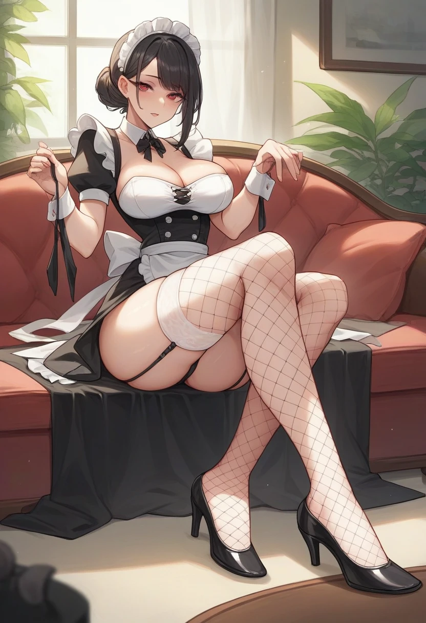 beautiful maid beautiful y stylish woman on the sofa in the living room, curvaceous body with very large brehe wore a black maid costume or maid outfit with white lace accents on the edges, open waist. The costume consists of a short dress with thin straps and a miniskirt, complemented by a white choker. This woman also wore black fishnet stockings and black high heels with red soles. Her hair is long and has a modern style. In the background, there is a tidy bedroom with some furniture, like a dressing table. The lighting in this room is bright.