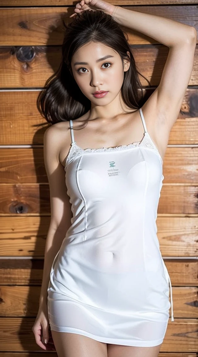 Dark brown hair、Light brown eyes、Japanese actress、 Lady、I am about 40 years old....、(Intricate details:1.2)、(Which is the top????:1.4)、 (Ultra-high resolution:1.2)、Ultra-high resolution、(Finely tuned)、(Detailed facial features)、Hmph、8K resolution、D cup size breasts、Long Hair、Updostyle, Updo、Hair Bun、1 Girl, Deep sorrowの表情, (Very detailed美しい顔), (camisole:1.5), (Bare shoulders:1.3), (Highest quality:1.4), (Very detailed)、Beautiful fair skin with transparency, Are sleeping、Sleeping on the floor、Top View、 Please open your mouth a little、Her legs are visible through the dress、Deep sorrow、Pose of Weakness、Obscene pose、White floor、White wall、The morning sun shines in、