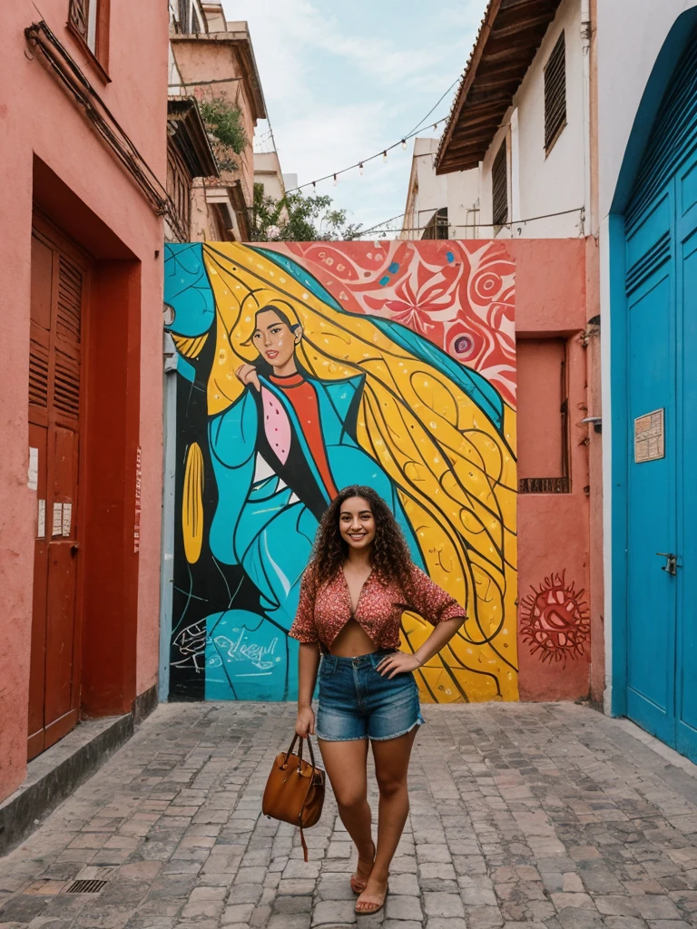 her name is Valentina, high quality, 1girl, ((20-year-old fit Latina woman)), ((20 years old)), ((Big tits)), long curly hair, pose: standing, wearing stylish fashionable Generation-Z modern wear different colored, BACKGROUND: In the historic San Telmo neighborhood, where cobblestone streets lead to antique markets and tango clubs, street artists create vibrant murals celebrating Argentine culture.