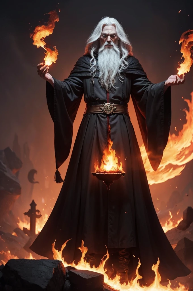 An evil wizard who controls fire in a wizard's robe