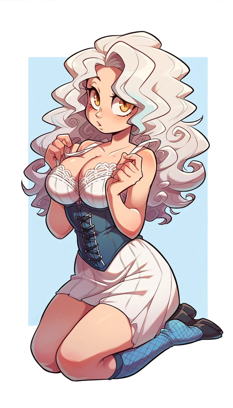 a sexy woman big breast cute beauty white long wavy curly hair her yellow eye dresses white corset bra white thread lace and a short white corset miniskirt pair of blue net socks black heel