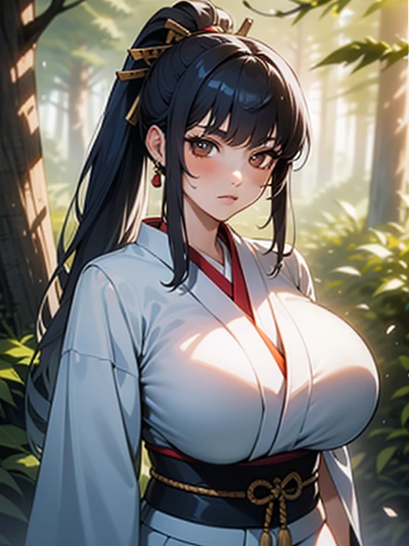 {{{masterpiece}}}, {{{best quality}}}, {{ultra-detailed}}, {cinematic lighting}, {illustration}, {beautifuly detailed eyes}, {1girl}, extremely detailed, 1girl, solo, A beautiful samurai warrior, blue hair in a long ponytail, wearing white and black kimono, warrior, serious, brown eyes, huge breasts, hourglass figure, facing viewer, outdoors, woodland background, highly detailed face and clothing, slightly narrow eyes, perfect face, fair skin, hair bangs, long hair, cowboy shot, noble beautiful, traditional Japanese clothing, samurai woman