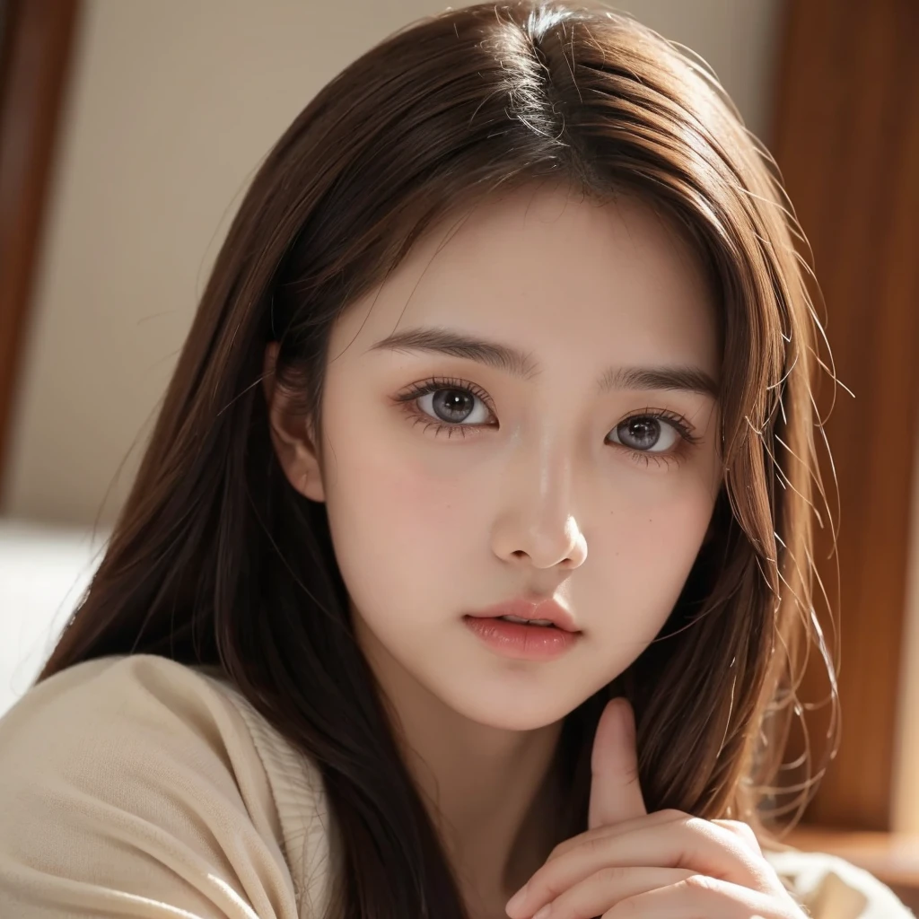 best quality, masterpiece, (Practical:1.2), 1 girl, 25 years old,Brown hair, Brown eyes,Delicate face, beautiful eyes,Upper body photo,close up,front, Sit upright,Head-up lens,ID photo,