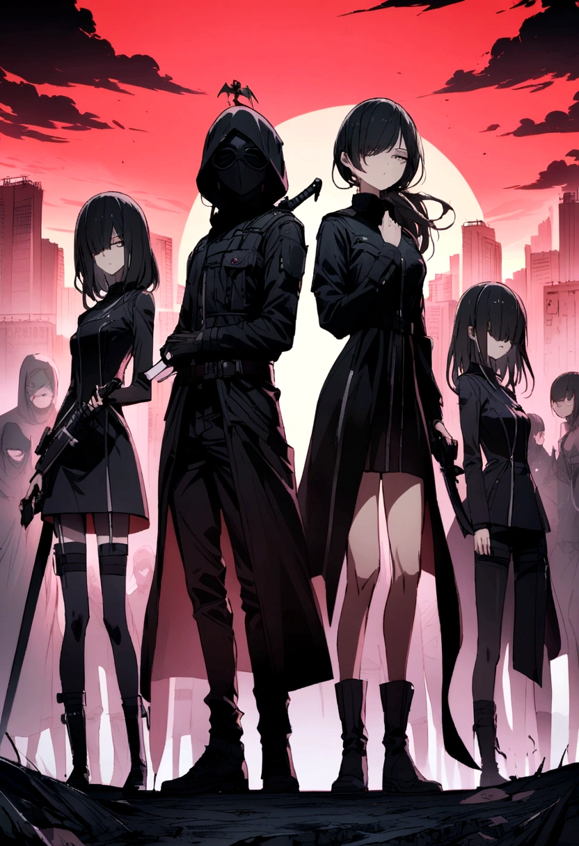 A group of about 20 people dressed in black with their faces covered and holding weapons standing in an apocalyptic scene