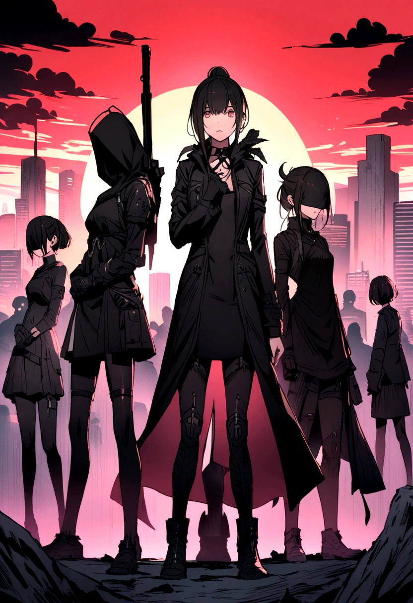 A group of about 20 people dressed in black with their faces covered and holding weapons standing in an apocalyptic scene 