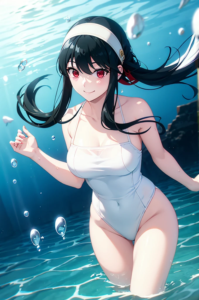 White hair band、Red eyes、Black Hair、Yor Briar、smile、Angles from under water、Being in the water、Swimming、Bubble、seabed、Floating、Float your legs、Floats in water