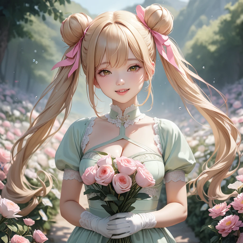 20 years old,1 girl,hyperrealistic, 8k, (extremely detailed 8k), (very delicate and beautiful), (masterpiece), (better quality:1.0), (ultra high resolution:1.0), (masterpiece, best quality), cute,blonde,cleavage cutout,(broen dress:1.3),(crop top navel:1),gleaming skin,twintails,twin bun,a pink ribbon on the head,long hair,pastel green frill Chinese-made dress,white long gloves,delighted,hold a bouquet of flowers,from the front,a bunch of flowers,POV,bust shot,white frill,puffy sleeves,surrounded by flowers,cry for joy