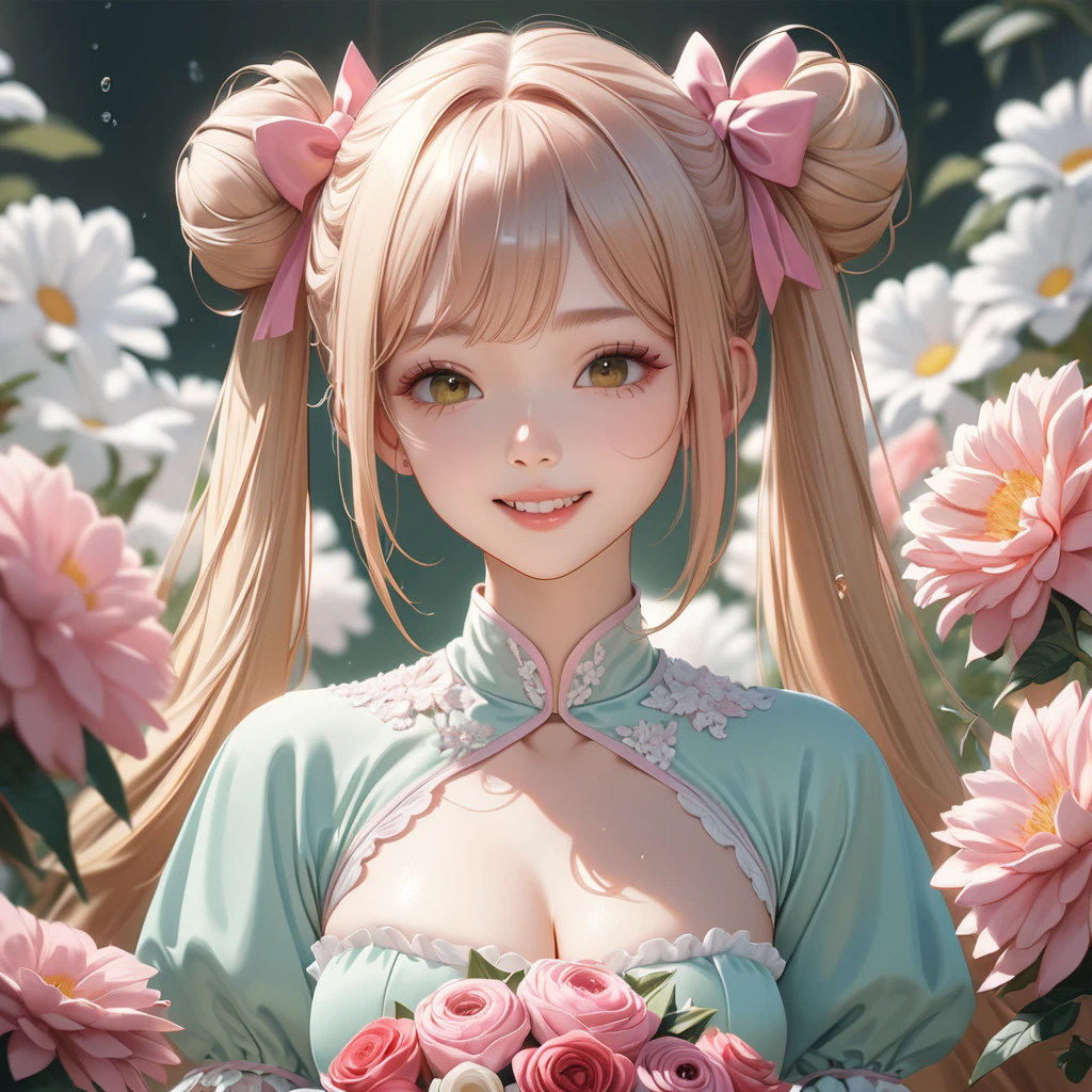 20 years old,1 girl,hyperrealistic, 8k, (extremely detailed 8k), (very delicate and beautiful), (masterpiece), (better quality:1.0), (ultra high resolution:1.0), (masterpiece, best quality), cute,blonde,cleavage cutout,(broen dress:1.3),(crop top navel:1),gleaming skin,twintails,twin bun,a pink ribbon on the head,long hair,pastel green frill Chinese-made dress,white long gloves,delighted,hold a bouquet of flowers,from the front,a bunch of flowers,POV,bust shot,white frill,puffy sleeves,surrounded by flowers,cry for joy