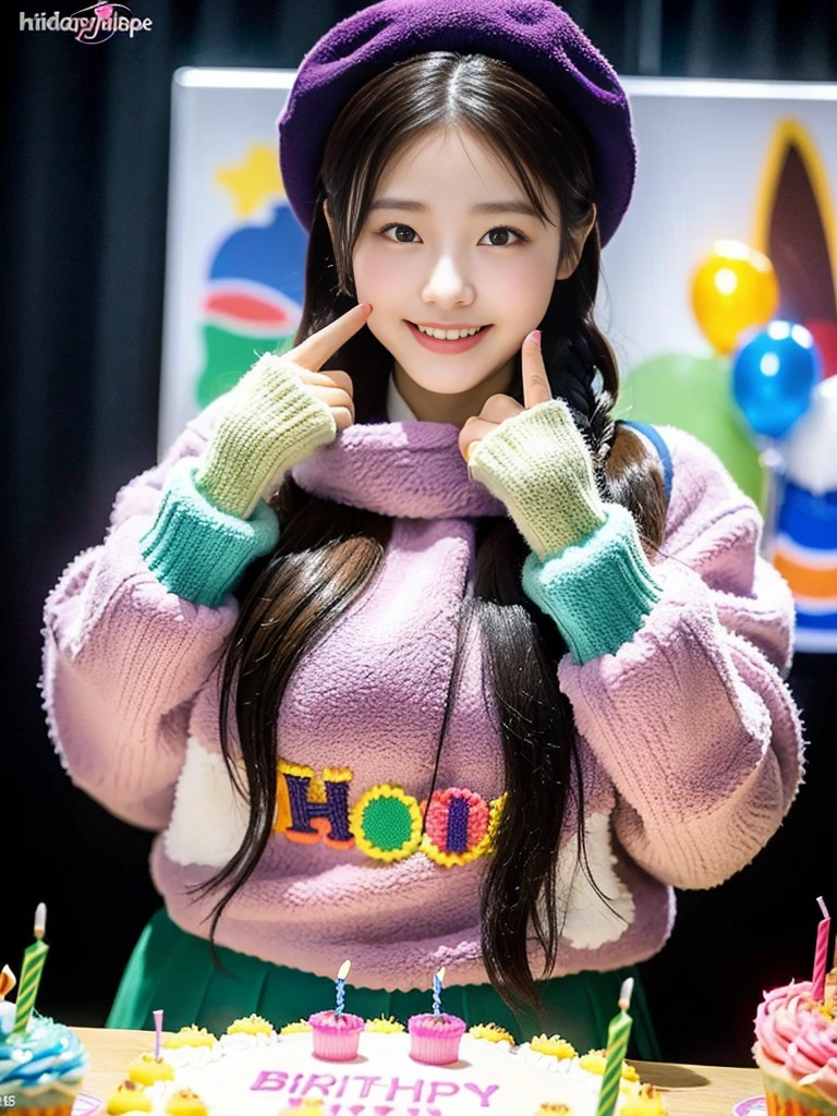 (A photo of a super cute Korean schoolgirl wearing a fleece jacket posing for the camera with a birthday cake:1.2)(grin,smile:1.1)(Beautiful Sweat:1.1)(16K, RAW Photos, Highest quality, masterpiece: 1.2),(A cute braid of shiny black hair) Super detailed, Super Resolution, (Genuine, Genuine photos: 1.37), Portraiture, High-resolution RAW color photos, Professional photos, Very detailed, 8k wallpaper, Very detailed CG Unity 8k wallpaper, Very detailed beautiful girls, Very detailed faces, ((whole body)), beautiful woman, Huge breasts,(huge boobs:1.1) (Big Boobs:1.1), beautiful  (Wearing a fleece jacket),high school girl, Korean Girls,(K-POP Female Idols), (Idol-class beauty)(Beautiful high school girl:1.1)(Birthday party)(17 years old)(Tight fleece jacket:1.1)Wearing a fluffy scarf and hand-knitted gloves(A large birthday cake with 12 candles)Wearing warm gloves and a cute beret