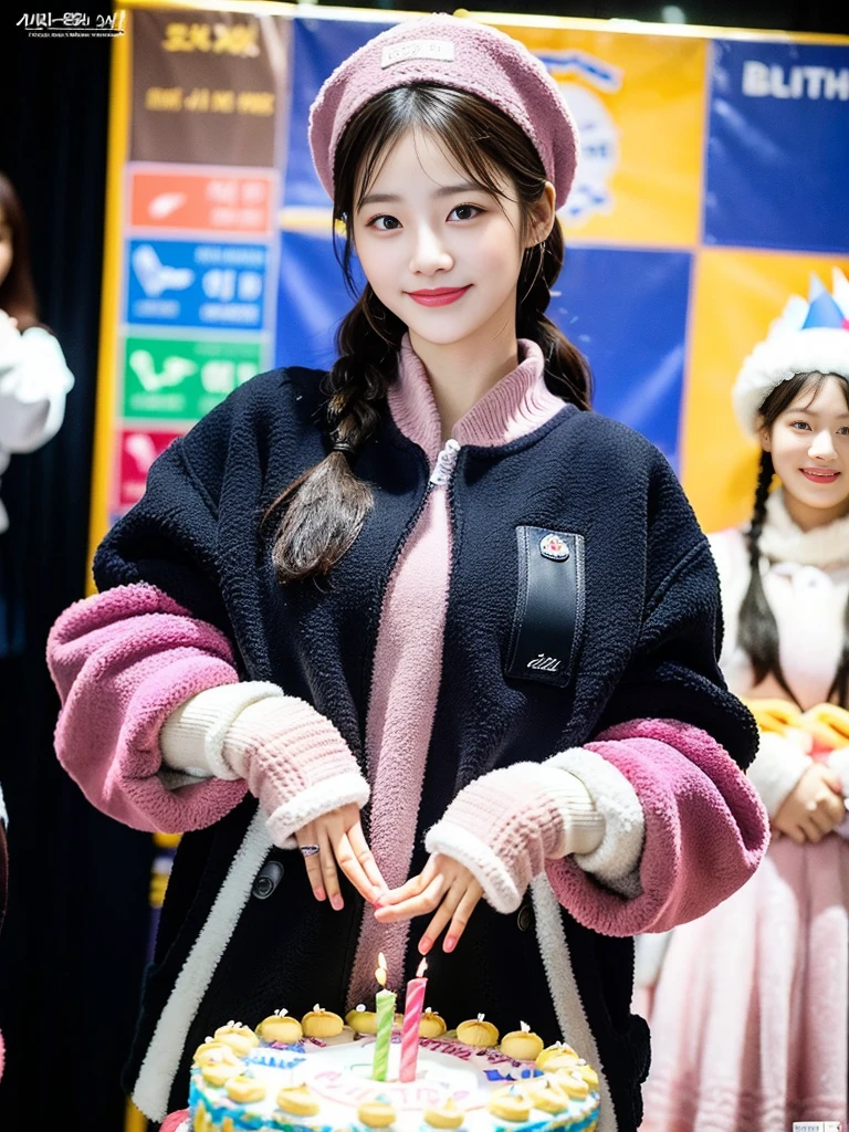 (A photo of a super cute Korean schoolgirl wearing a fleece jacket posing for the camera with a birthday cake:1.2)(grin,smile:1.1)(Beautiful Sweat:1.1)(16K, RAW Photos, Highest quality, masterpiece: 1.2),(A cute braid of shiny black hair) Super detailed, Super Resolution, (Genuine, Genuine photos: 1.37), Portraiture, High-resolution RAW color photos, Professional photos, Very detailed, 8k wallpaper, Very detailed CG Unity 8k wallpaper, Very detailed beautiful girls, Very detailed faces, ((whole body)), beautiful woman, Huge breasts,(huge boobs:1.1) (Big Boobs:1.1), beautiful  (Wearing a fleece jacket),high school girl, Korean Girls,(K-POP Female Idols), (Idol-class beauty)(Beautiful high school girl:1.1)(Birthday party)()(Tight fleece jacket:1.1)Wearing a fluffy scarf and hand-knitted gloves(A large birthday cake with 12 candles)Wearing warm gloves and a cute beret