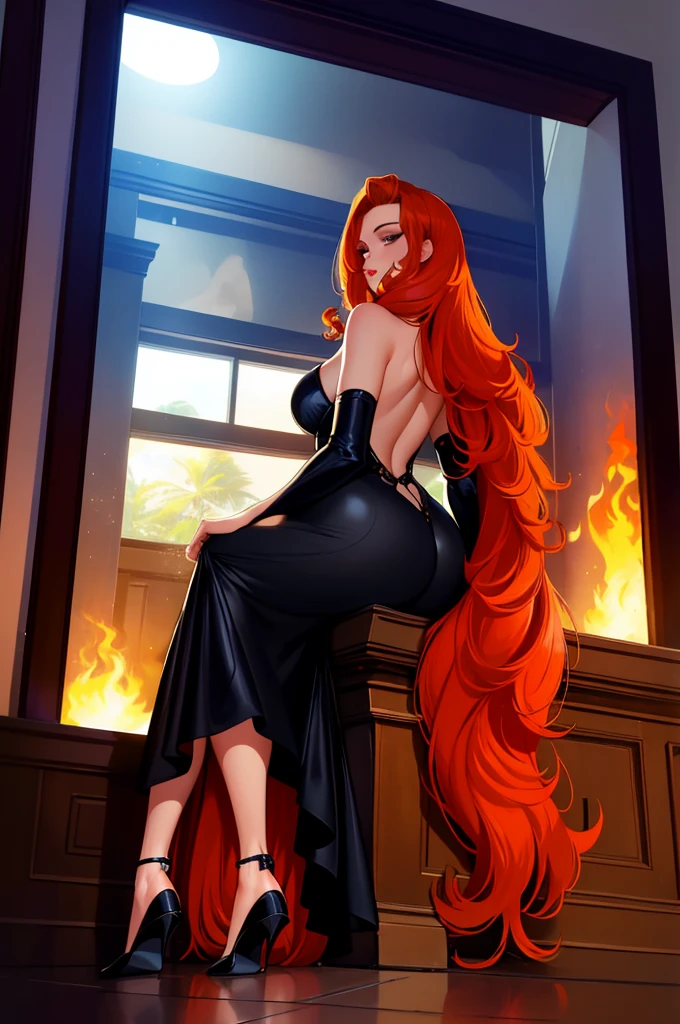 (work of art),(best qualityer),(ultra detali),(Best illustration),(best shade),(absurderes),(detailed back ground), full body shot shot, women, long redhead hair, 1950s, black gown, make up, Club history from the 1950s, chic, cigar, smoke, sitting down,