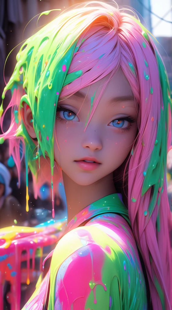 rainbow, slimes goopy slime skin photo realistic closeup portrait face in kitchen <lora:slimes_realistic-1:0.9> pretty eyes,