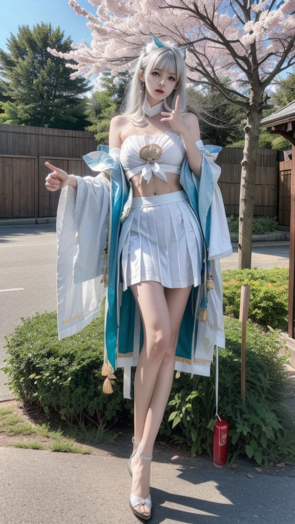 kamisato ayaka, masterpiece,best quality,high quality,High definition,high quality的纹理,high quality的阴影,High details,beautiful details,fine details,Extremely detailed CG,Detailed texture,lifelike面部表现,lifelike,rich and colorful,exquisite,sharp focus,(intricate detailake up,pureerosface_v1:0.5),(Beautiful details, exquisite face,(Beautiful details, exquisite eyes),Perfectly proportioned face,highDetails of the skin,Details of the skin,Four fingers and one thumb in optimal proportions,emaciated:1.3),1 girl,17 years old,high,(Smooth abs:1.55),pretty,Perfect,high,((bare shoulders)), ((The skirt is short)), (long legs),(straight legs),(thin waist),((White skin)),White skin,((White skin)),(emma watson),Big breasts,((Caucasian)),light blonde hair,Stand with legs apart,looking at the audience,whole body,Portrait of cute blonde girl,((Cherry tree)), ((Standing under the cherry tree,Look into the distance)),bloom,orange mist,sports,Wisps of hair,lifelike,high quality渲染,amazing art,high quality,film texture,Fujifilm XT3,dream