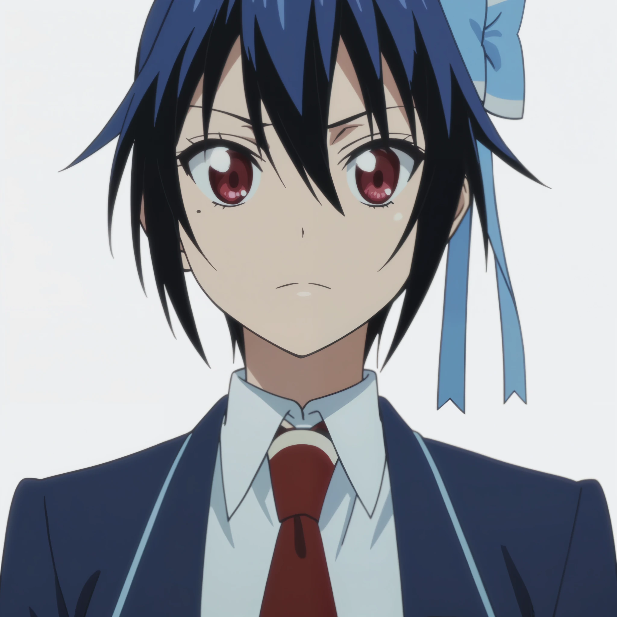score_9, score_8_up, score_7_up, best quality, masterpiece, anime, anime screencap, anime coloring, looking at viewer, 1girl, solo, upper body, simple background, solid white background, seishirou tsugumi, hair bow, blazer, , necktie, closed mouth