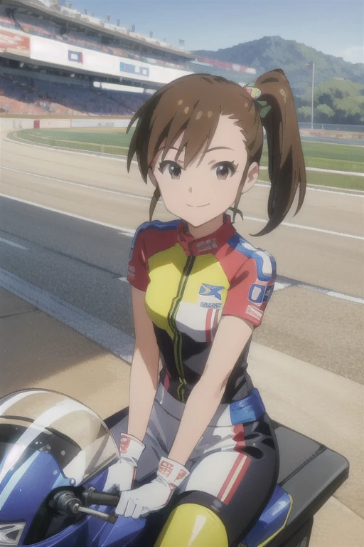 (((pixel-perfect, detail-perfect))), solo, 1girl, mami futami, motogp outfit, elbows, pads, boots, gloves, motogp helmet, racing bike, sitting on bike, looking at viewer, smile