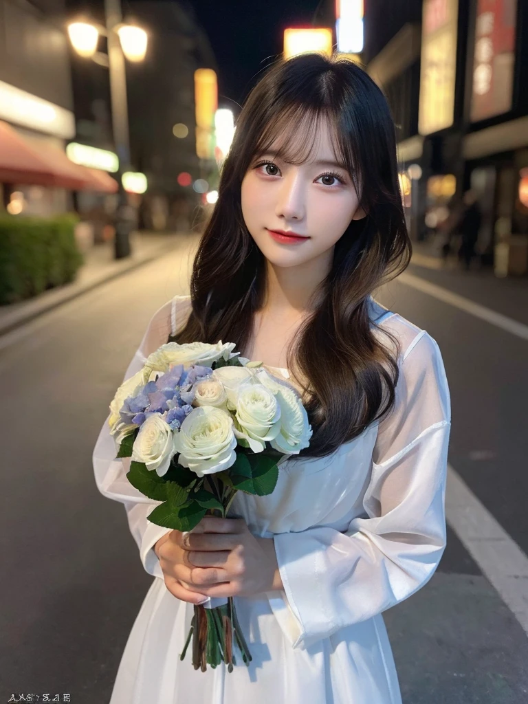 (Highest quality,masterpiece:1.3,Ultra-high resolution,),(Very detailed,Caustics),(Realistic:1.4,RAW shooting,)Ultra-Realistic Capture,Very detailed,High resolution 16K suitable for human skin、 Natural skin texture、、Skin tone is even and healthy looking、 Use natural light and color,One Woman,Japanese,,cute,Mid-length hair,(Written boundary depth、chromatic aberration、、Wide range of lighting、Natural Shading、)、(Outdoor lighting at night:1.4)、(Hair swaying in the wind:1)、(Exposure:3.0)、Sheer white shirt、Holding a colorful bouquet