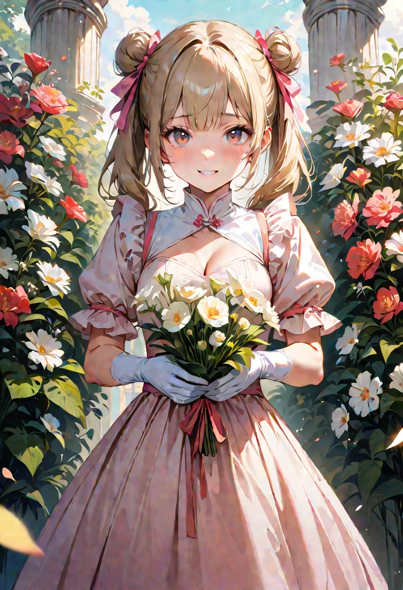 20 years old,1 girl,hyperrealistic, 8k, (extremely detailed 8k), (very delicate and beautiful), (masterpiece), (better quality:1.0), (ultra high resolution:1.0), (masterpiece, best quality), cute,blonde,cleavage cutout,(broen dress:1.3),(crop top navel:1),gleaming skin,twintails,twin bun,a pink ribbon on the head,long hair,pastel green frill Chinese-made dress,white long gloves,delighted,hold a bouquet of flowers,from the front,a bunch of flowers,POV,bust shot,white frill,puffy sleeves,surrounded by flowers,cry for joy