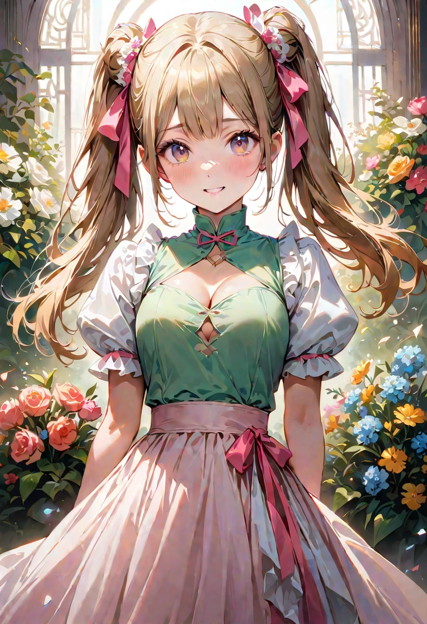 20 years old,1 girl,hyperrealistic, 8k, (extremely detailed 8k), (very delicate and beautiful), (masterpiece), (better quality:1.0), (ultra high resolution:1.0), (masterpiece, best quality), cute,blonde,cleavage cutout,(broen dress:1.3),(crop top navel:1),gleaming skin,twintails,twin bun,a pink ribbon on the head,long hair,pastel green frill Chinese-made dress,white long gloves,delighted,hold a bouquet of flowers,from the front,a bunch of flowers,POV,bust shot,white frill,puffy sleeves,surrounded by flowers,cry for joy