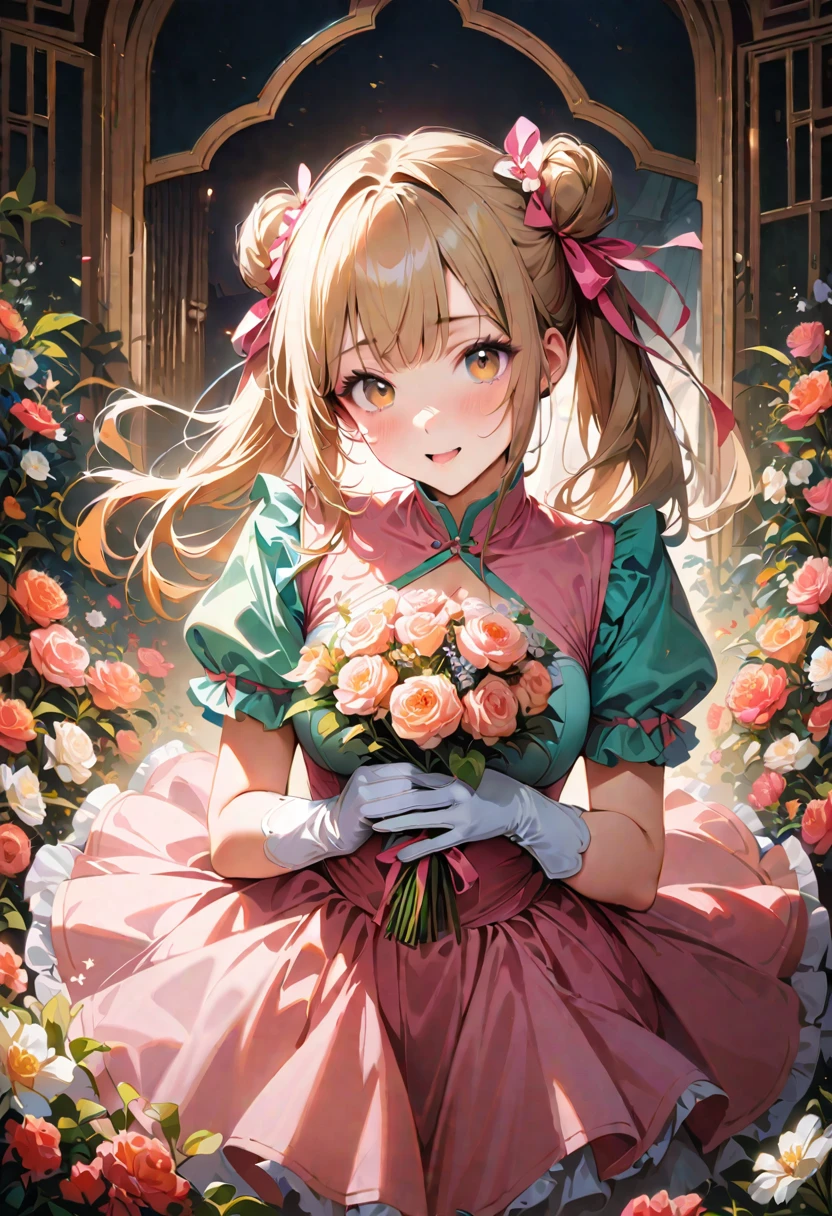 20 years old,1 girl,hyperrealistic, 8k, (extremely detailed 8k), (very delicate and beautiful), (masterpiece), (better quality:1.0), (ultra high resolution:1.0), (masterpiece, best quality), cute,blonde,cleavage cutout,(broen dress:1.3),(crop top navel:1),gleaming skin,twintails,twin bun,a pink ribbon on the head,long hair,pastel green frill Chinese-made dress,white long gloves,delighted,hold a bouquet of flowers,from the front,a bunch of flowers,POV,bust shot,white frill,puffy sleeves,surrounded by flowers,cry for joy