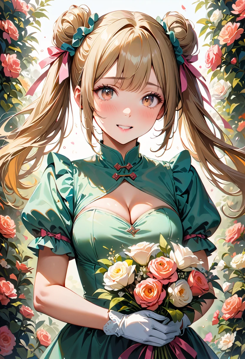 20 years old,1 girl,hyperrealistic, 8k, (extremely detailed 8k), (very delicate and beautiful), (masterpiece), (better quality:1.0), (ultra high resolution:1.0), (masterpiece, best quality), cute,blonde,cleavage cutout,(broen dress:1.3),(crop top navel:1),gleaming skin,twintails,twin bun,a pink ribbon on the head,long hair,pastel green frill Chinese-made dress,white long gloves,delighted,hold a bouquet of flowers,from the front,a bunch of flowers,POV,bust shot,white frill,puffy sleeves,surrounded by flowers,cry for joy