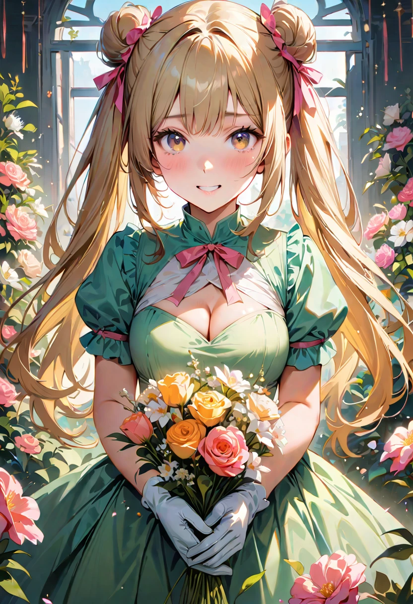 20 years old,1 girl,hyperrealistic, 8k, (extremely detailed 8k), (very delicate and beautiful), (masterpiece), (better quality:1.0), (ultra high resolution:1.0), (masterpiece, best quality), cute,blonde,cleavage cutout,(broen dress:1.3),(crop top navel:1),gleaming skin,twintails,twin bun,a pink ribbon on the head,long hair,pastel green frill Chinese-made dress,white long gloves,delighted,hold a bouquet of flowers,from the front,a bunch of flowers,POV,bust shot,white frill,puffy sleeves,surrounded by flowers,cry for joy