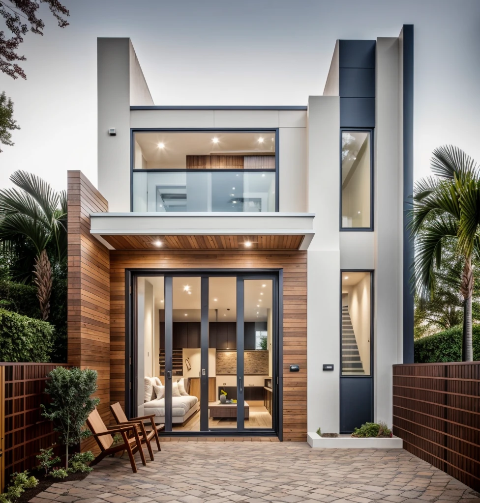 1 MODERN house, cafe area:1.4, main material by white wall and wood, large yard, 1 road passes in front of the house, (Photo brute, real, best quality, head of'artwork:1.2), avoir l'modern and minimalist look, 1 route devant la maison, lumière annulaire Shime, brightness of light'interior:1.2, dynamic lighting:1.3, (hyper realistic, photo-realistic:1.2), High quality, (dark lighting:1.2), perfect lighting, archquotidiennement