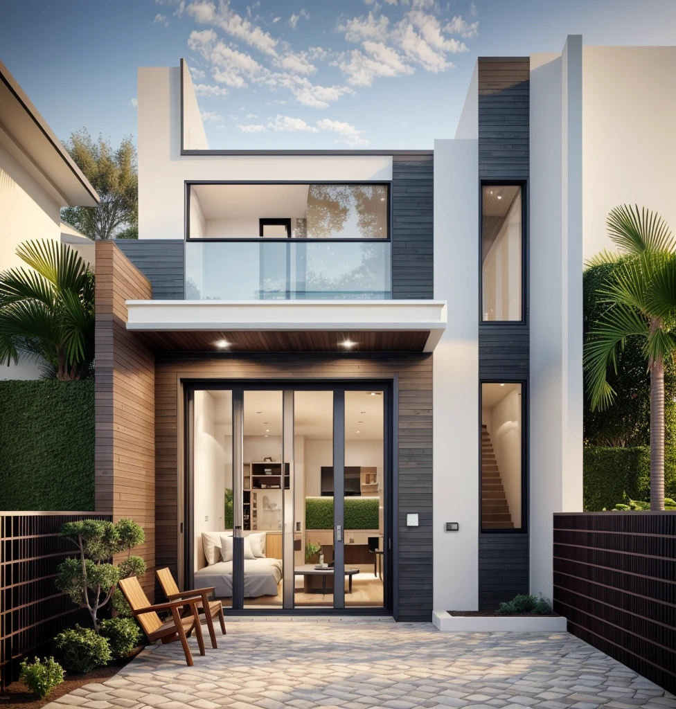 1 MODERN house, cafe area:1.4, main material by white wall and wood, large yard, 1 road passes in front of the house, (Photo brute, real, best quality, head of'artwork:1.2), avoir l'modern and minimalist look, 1 route devant la maison, lumière annulaire Shime, brightness of light'interior:1.2, dynamic lighting:1.3, (hyper realistic, photo-realistic:1.2), High quality, (dark lighting:1.2), perfect lighting, archquotidiennement