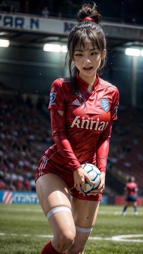 Highest quality, High resolution:1.2, Very detailed, Realistic:1.3, ((Beautiful woman))、((Super tight uniform))、((Big Breasts))、(The abdomen is visible)、(((Soccer uniforms)))、Vibrant colors, play soccer,(Blunt bangs)、((Various Hair Styles))、Different hair colors、With bangs、Wet Hair, concentrate, splash, Action Shots, Grass blotches, Muddy ground, Wet turf, decide, Fast-paced games, Athletic physique, Shiny soccer ball, Wet Uniform, raindrop, Blurred motion, ボールにconcentrateする, Intense competition, Skillful dribbling, Energetic play, Teamwork, powerful shoots, Wet pitch, Passionate sports, Fierce decide, Humid atmosphere, Fluid movement, emotional expression、Dramatic lighting, Women's Sports, Avid athletes, Exciting Games, Endure, Excited state, Speed and agility, Energetic play, 濡れたsplash、smile、((Red Uniform))