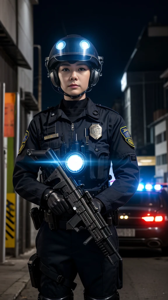 Guarding the town late at night、Police officer as a mechanic who assists humans、Mechanical armechanical legs、Has a helmet-shaped electronic brain、Face and body are black-Human、A female robot、Exposed metal bolts visible from outside、Dressed like a hitman、laser-Holding a gun in hand、Protecting the body with protective clothing、