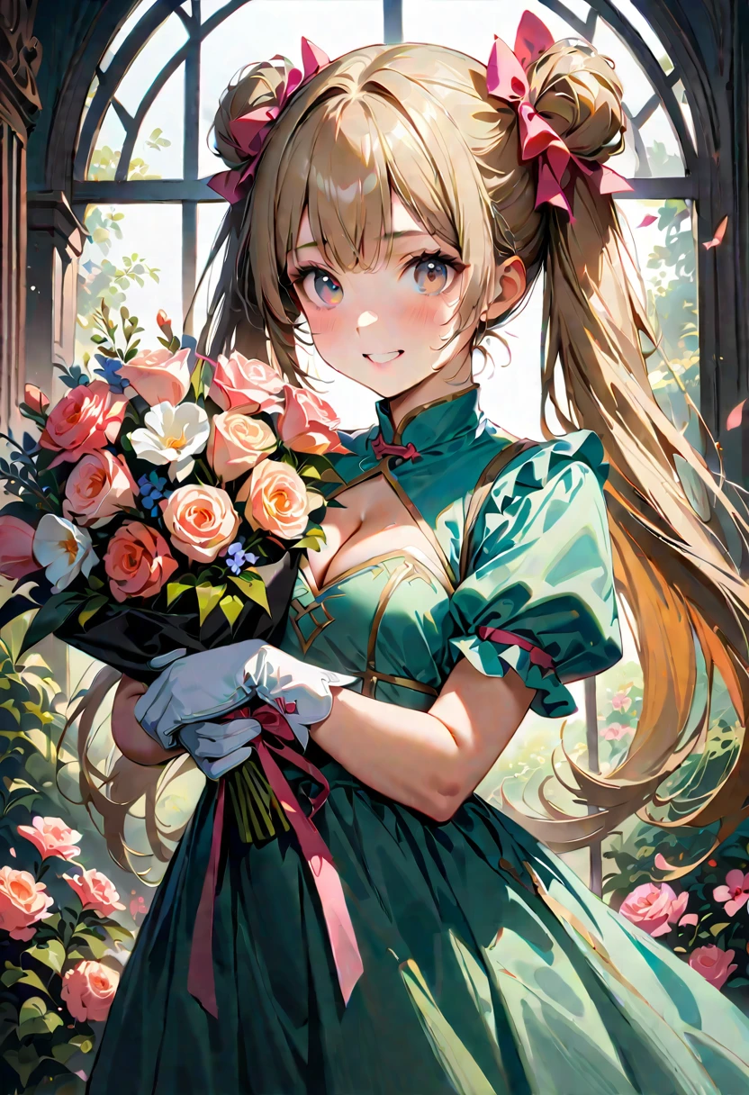 20 years old,1 girl,hyperrealistic, 8k, (extremely detailed 8k), (very delicate and beautiful), (masterpiece), (better quality:1.0), (ultra high resolution:1.0), (masterpiece, best quality), cute,blonde,cleavage cutout,(broen dress:1.3),(crop top navel:1),gleaming skin,twintails,twin bun,a pink ribbon on the head,long hair,pastel green frill Chinese-made dress,white long gloves,delighted,hold a bouquet of flowers,from the front,a bunch of flowers,POV,bust shot,white frill,puffy sleeves,surrounded by flowers,cry for joy