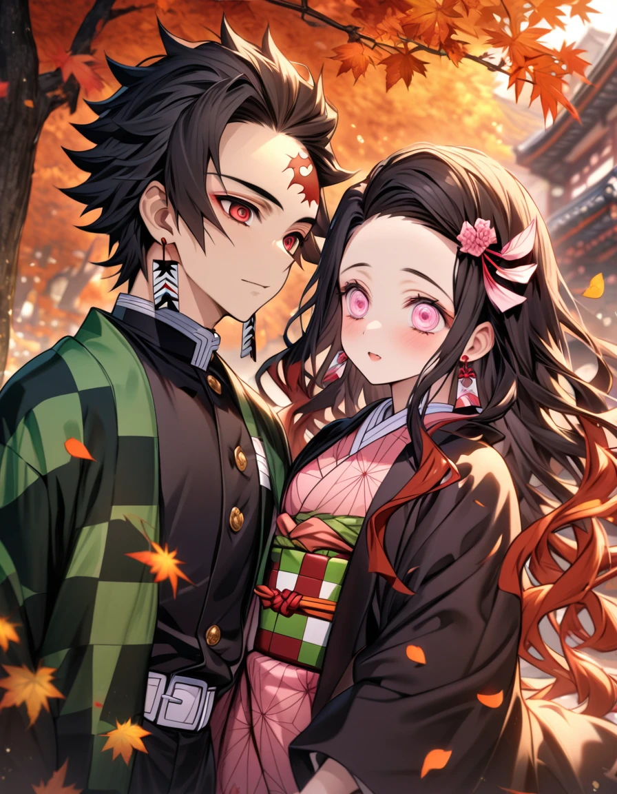Ultra detailed, highres, absurdres, HDR, master piece, Kamado Tanjirou, ruffled black hair with burgundy tips, short hair, expressive dark red eyes, hanafuda earrings, Kamado Nezuko, black hair, expressive pink eyes, black haori, pink kimono, Kimetsu No Yaiba, autumn, petals, orange and yellow leaves, a handsome man together with a beautiful woman, couple, handsome, demon slayer uniform, green haori, best quality, red mark on his forehead